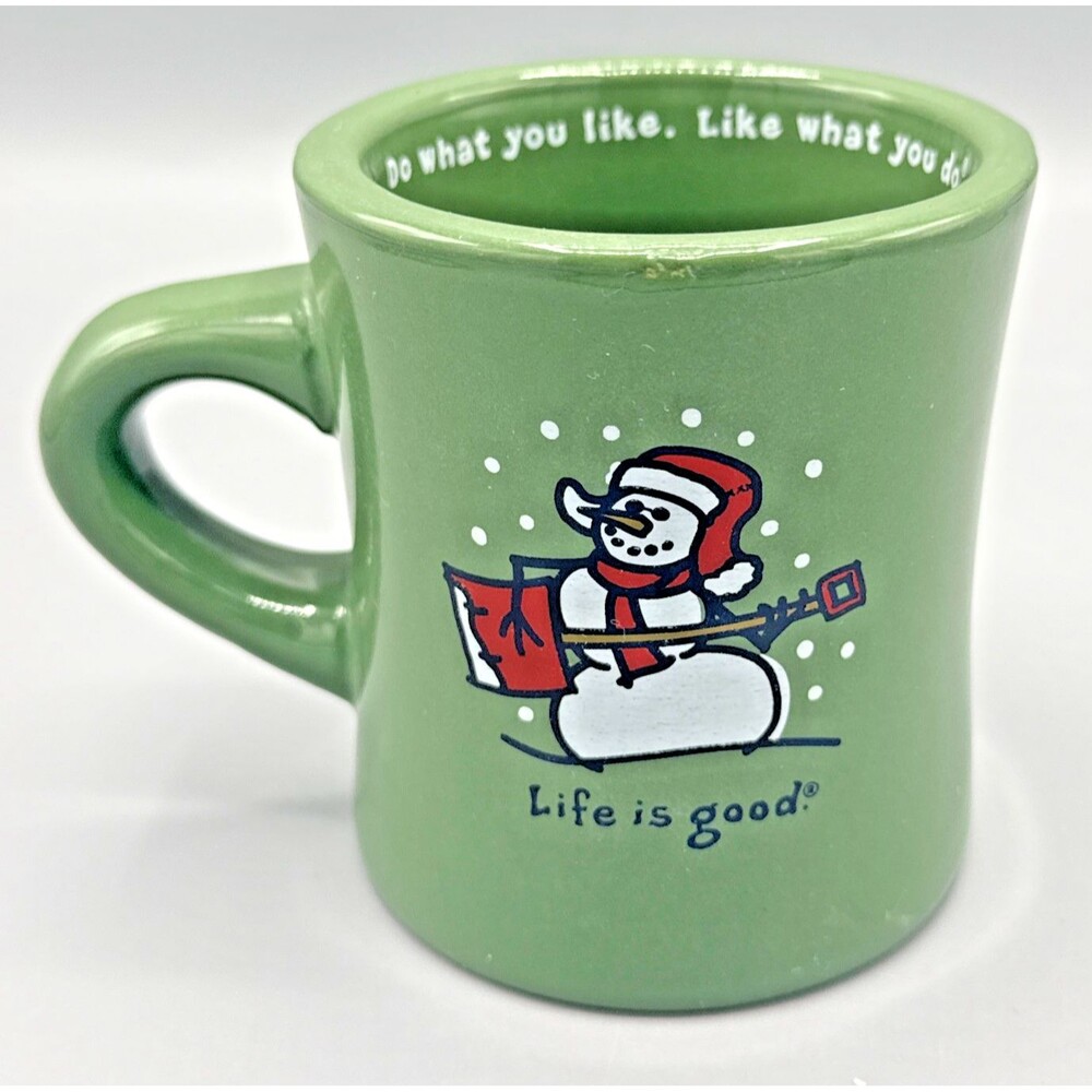 Life Is Good Mug~Green with Snowman Strumming Shovel Winter Chunky Heavy VGC